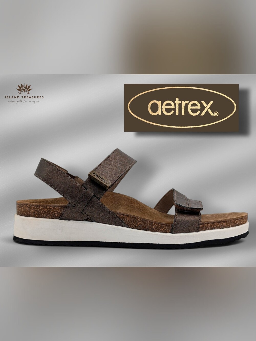 Aetrex Brown Leather Adjustable Strap Sandals